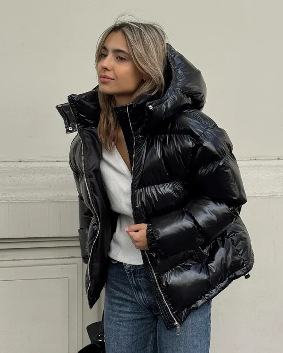 Women's Shiny Hooded Puffer Jacket with Cinched Waist