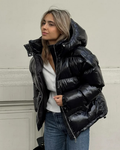 Women's Shiny Hooded Puffer Jacket with Cinched Waist