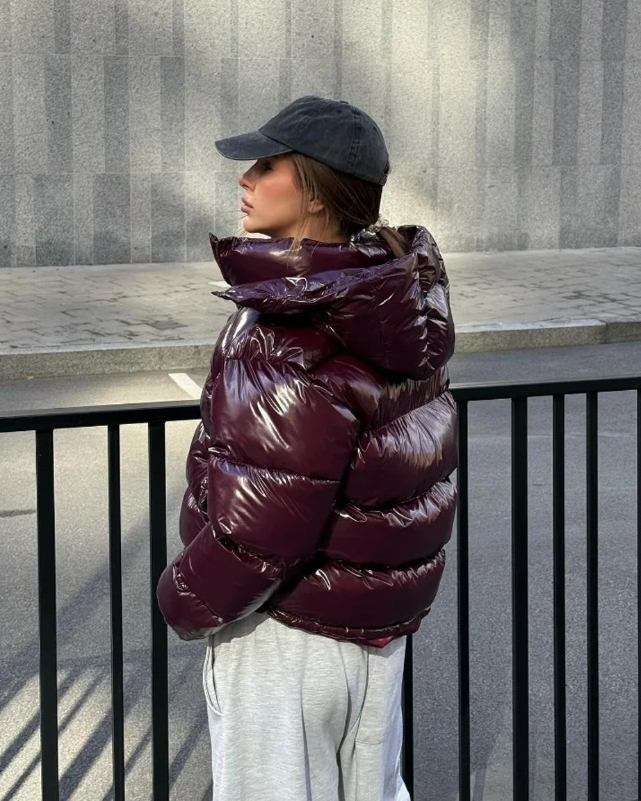 Women's Shiny Hooded Puffer Jacket with Cinched Waist