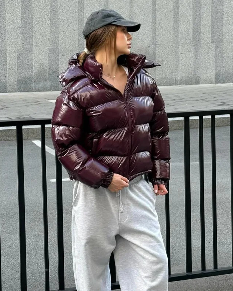 Women's Shiny Hooded Puffer Jacket with Cinched Waist