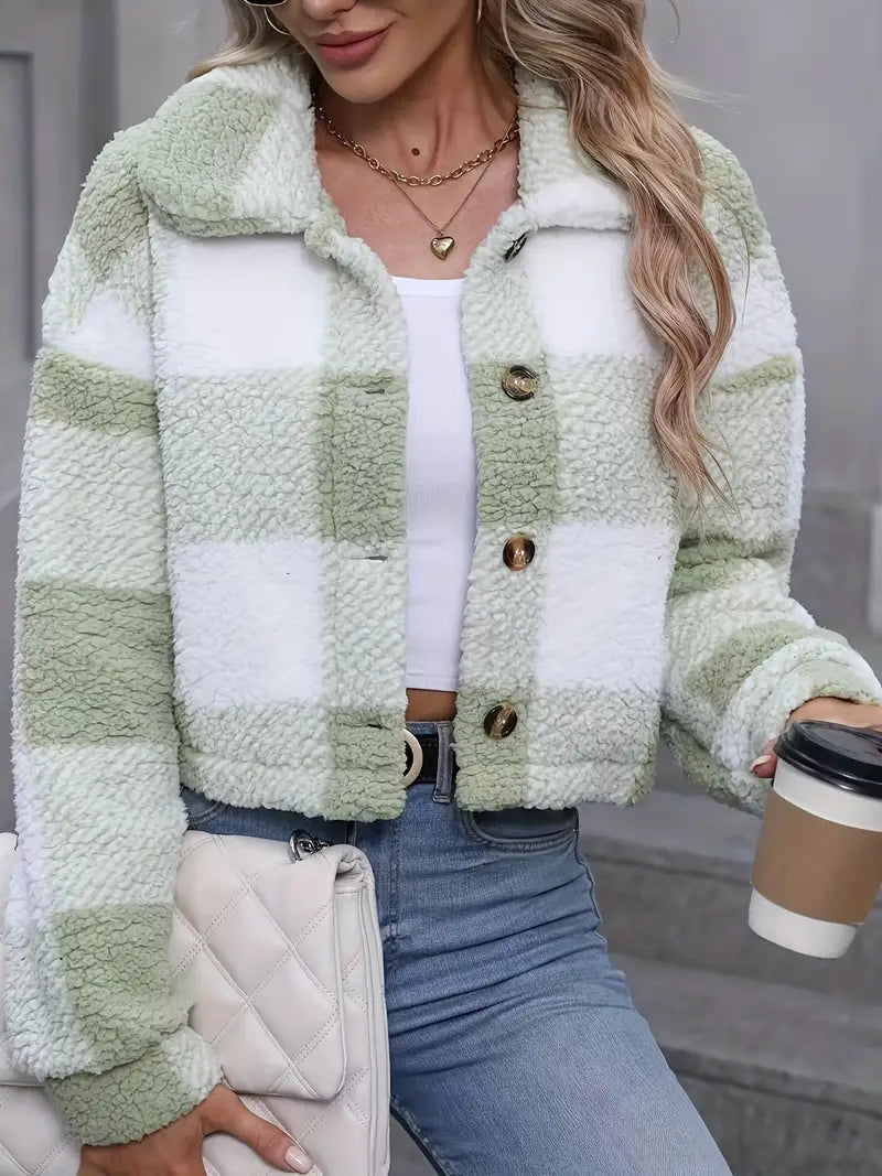 Women's Checked Teddy Fleece Jacket with Wide Collar