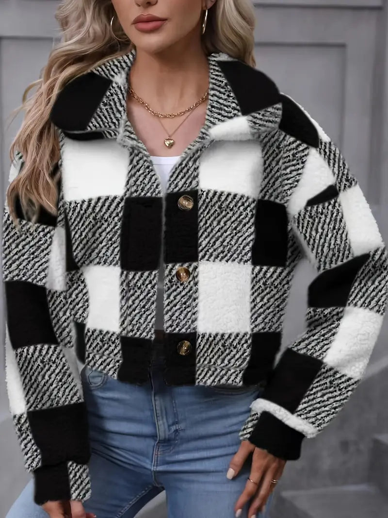 Women's Checked Teddy Fleece Jacket with Wide Collar