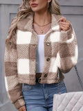 Women's Checked Teddy Fleece Jacket with Wide Collar
