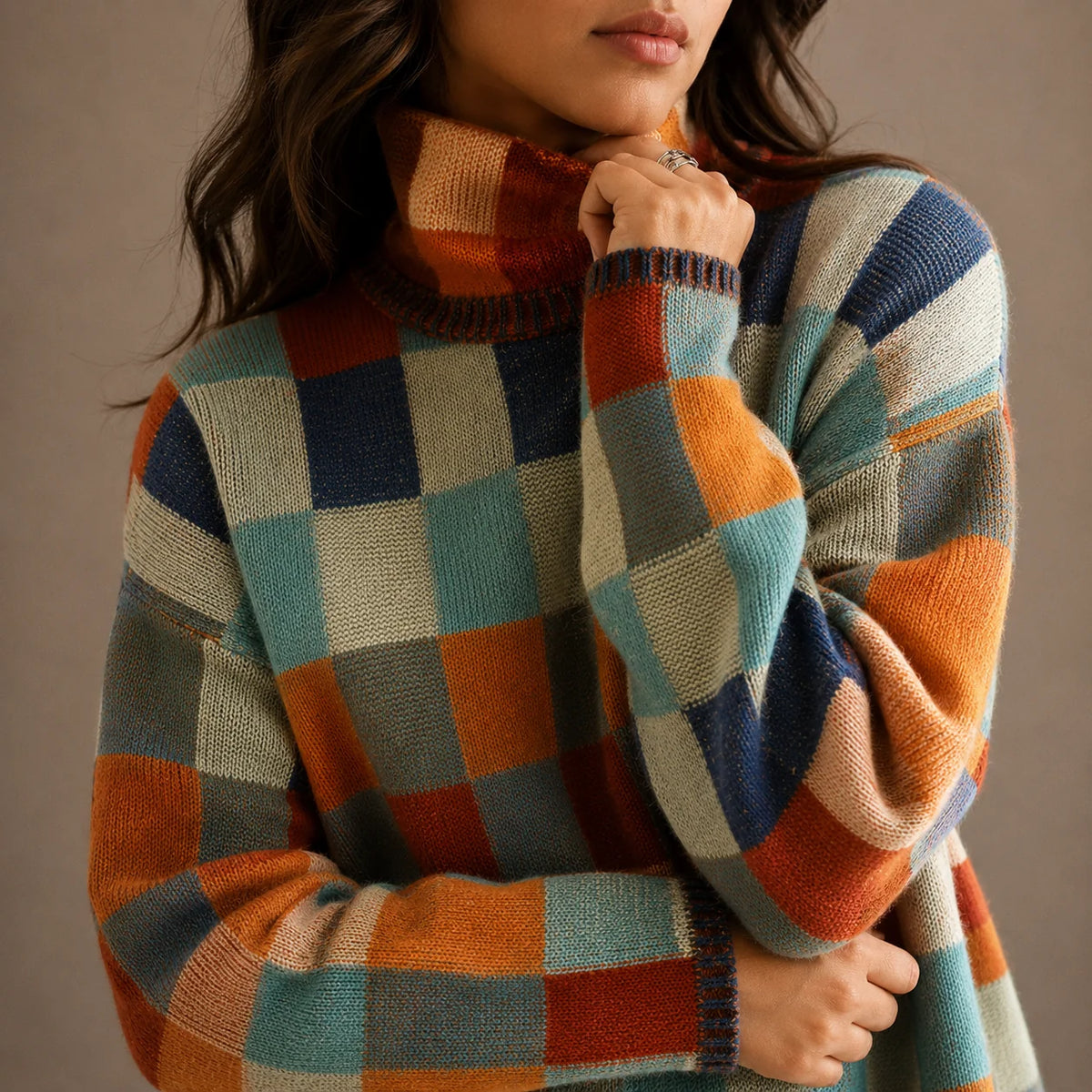Women's Oversized Checkered Knit Turtleneck Sweater