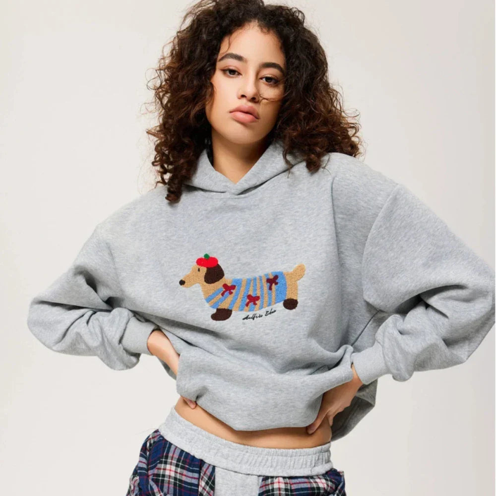 Women's Cotton-Blend Dachshund Embroidered Hoodie