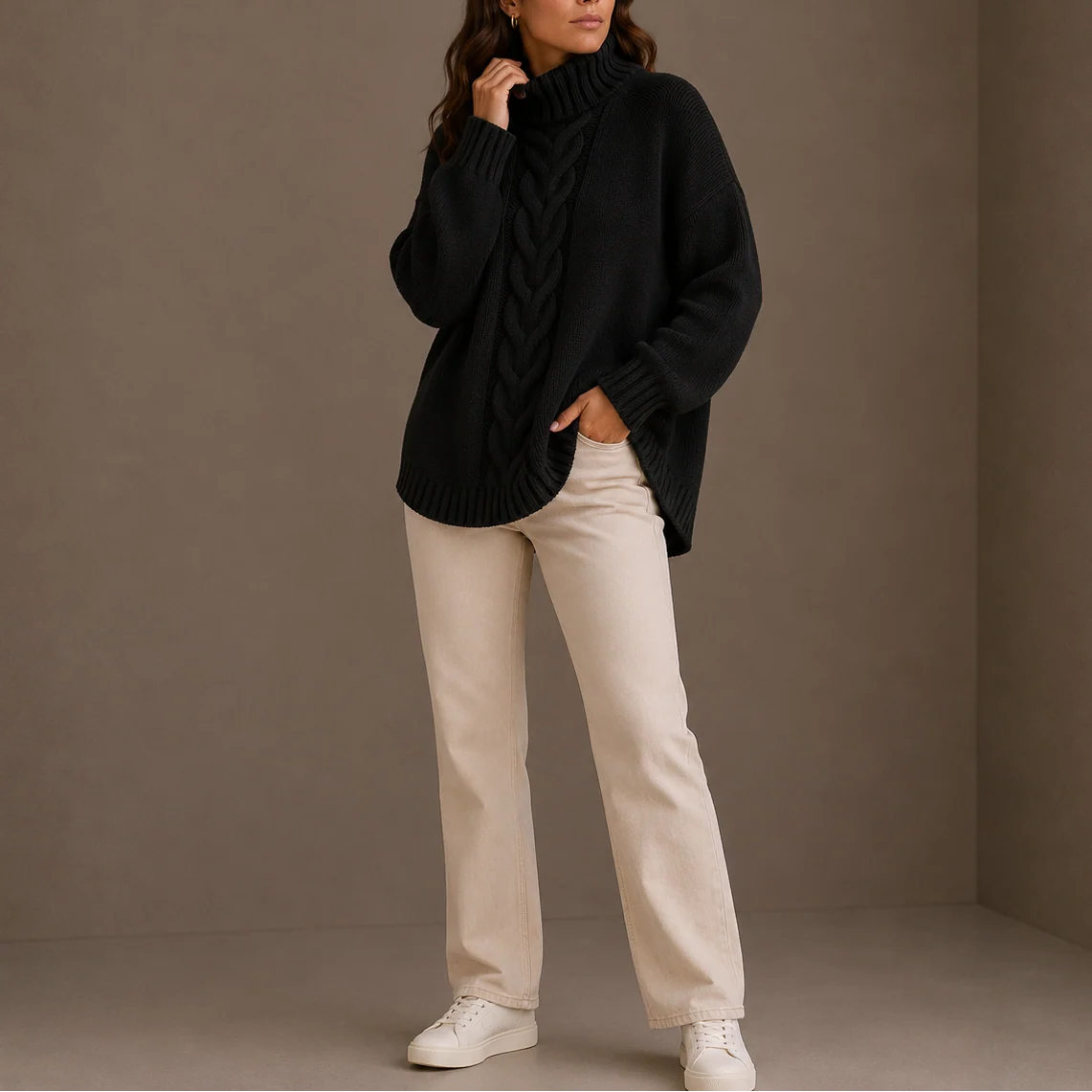 Women's Oversized Cable Knit Turtleneck Sweater