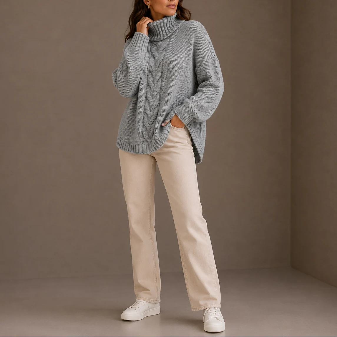 Women's Oversized Cable Knit Turtleneck Sweater