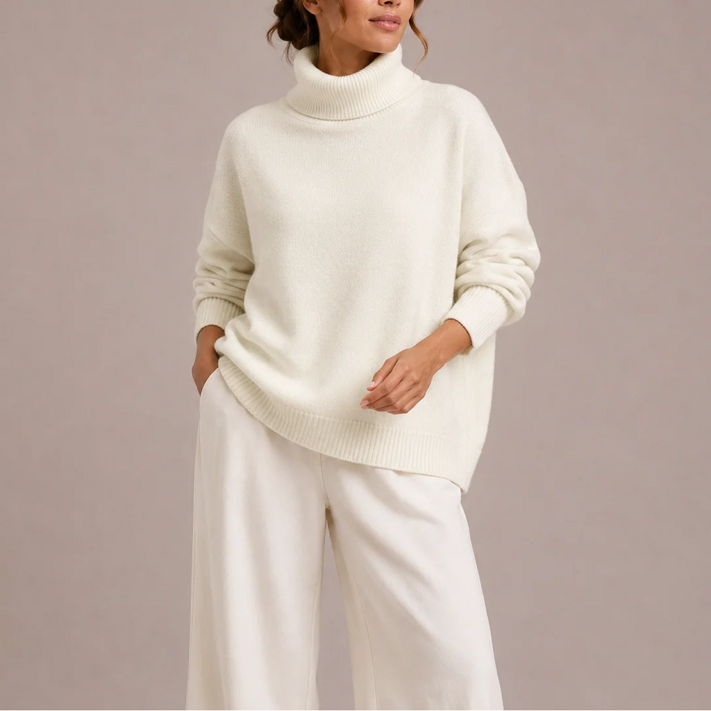 Women's Oversized Knit Turtleneck Sweater with Ribbed Cuffs