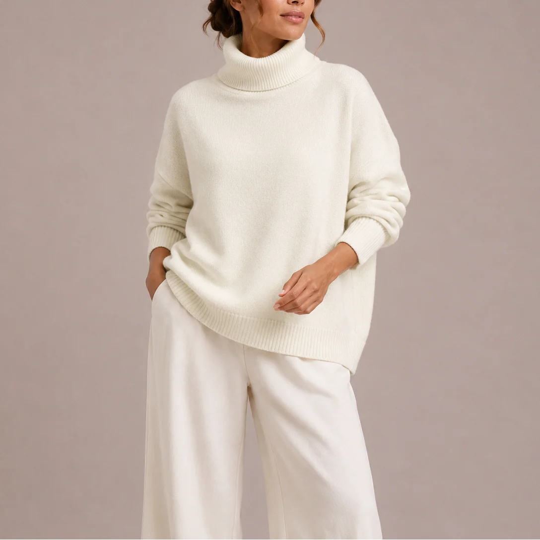 Women's Oversized Knit Turtleneck Sweater with Ribbed Cuffs