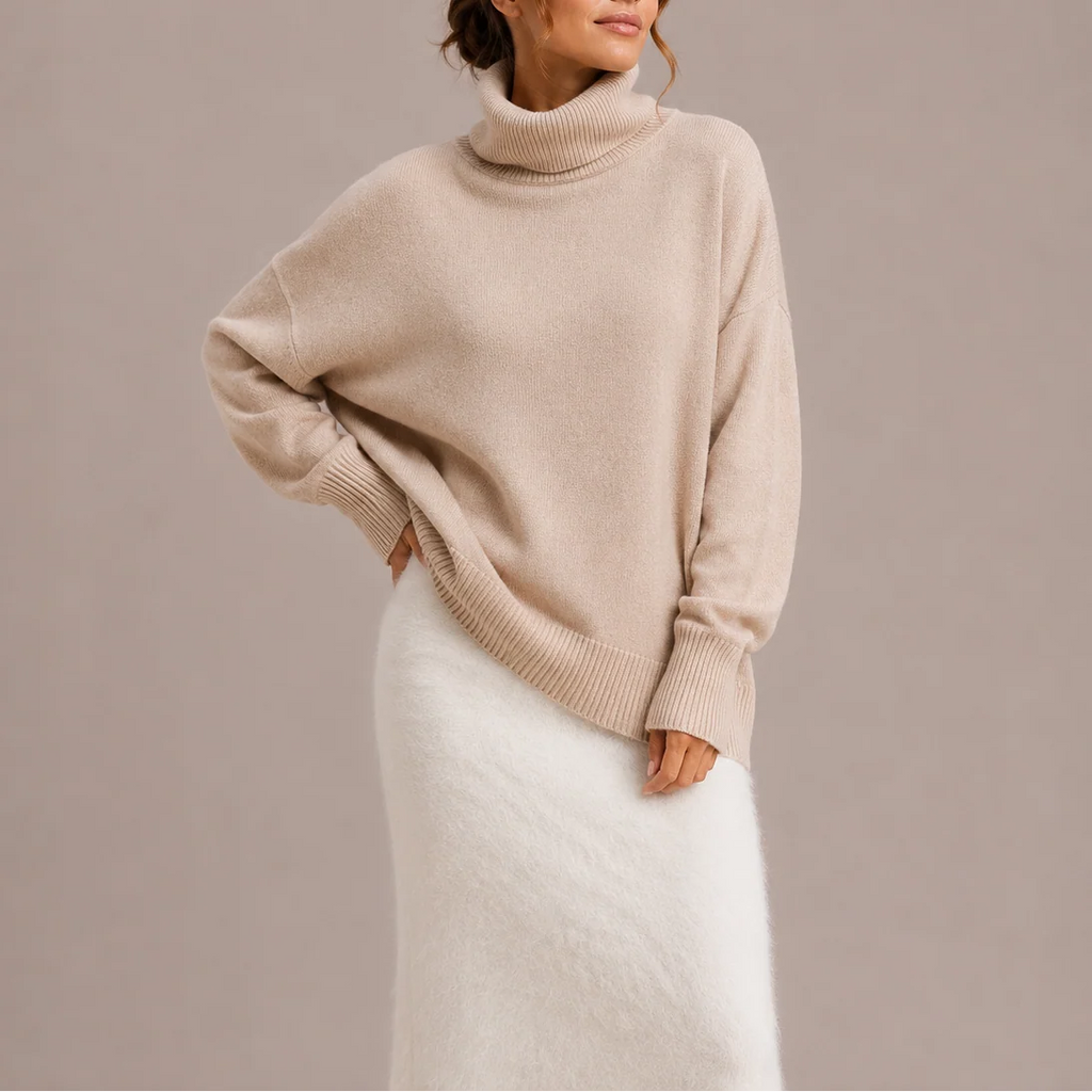 Women's Oversized Knit Turtleneck Sweater with Ribbed Cuffs