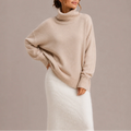 Women's Oversized Knit Turtleneck Sweater with Ribbed Cuffs