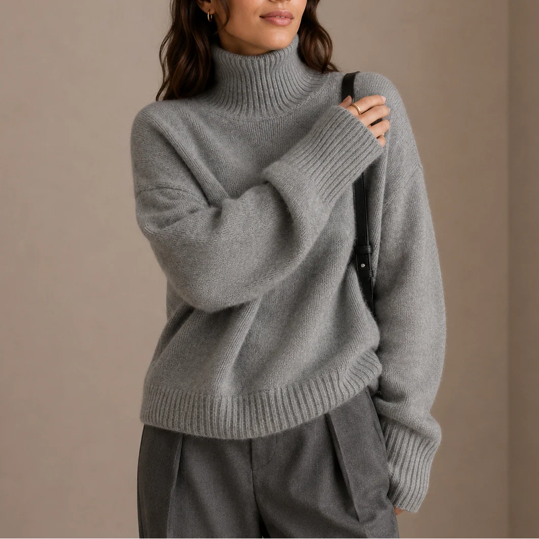 Women's Oversized Knit Sweater with High Ribbed Neck