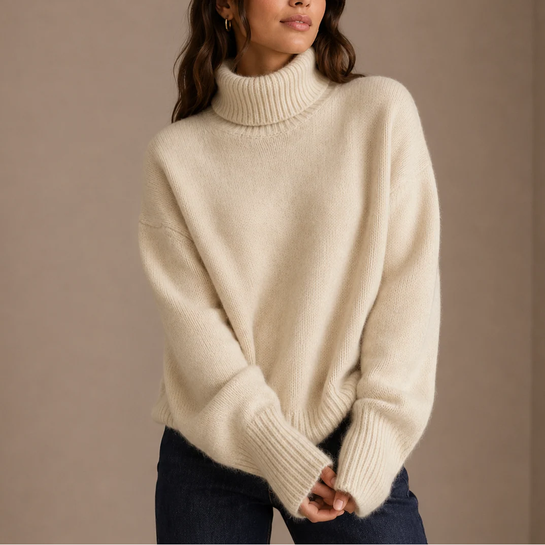 Women's Oversized Knit Sweater with High Ribbed Neck