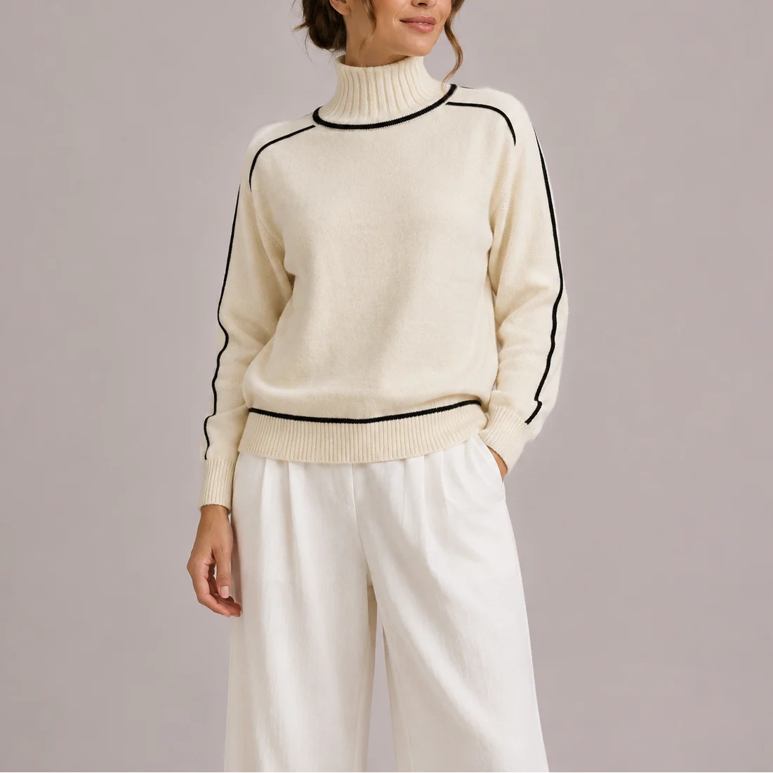 Women's Knit Turtleneck Sweater with Contrast Trim