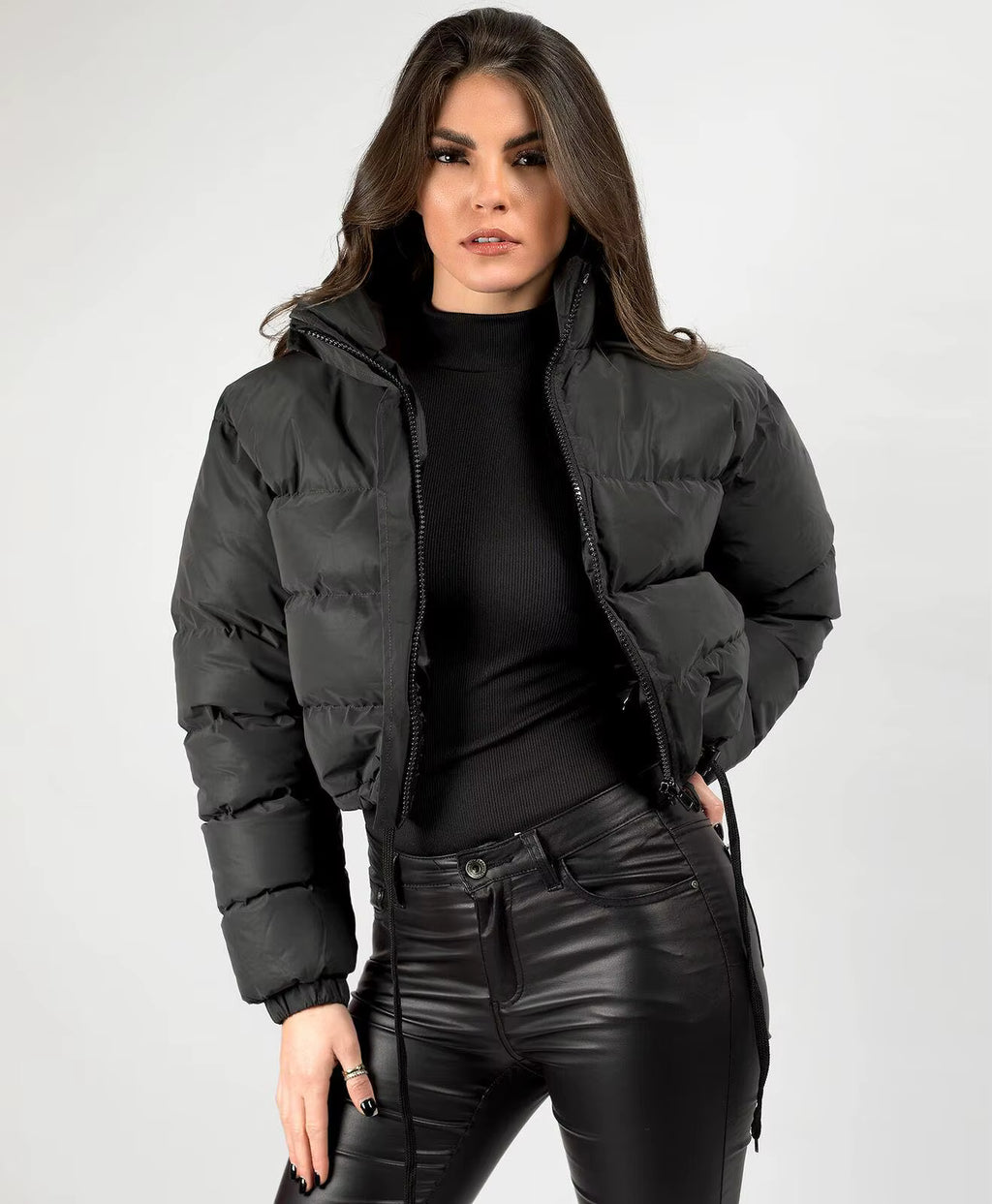 Women's Cropped Puffer Jacket with Adjustable Hem