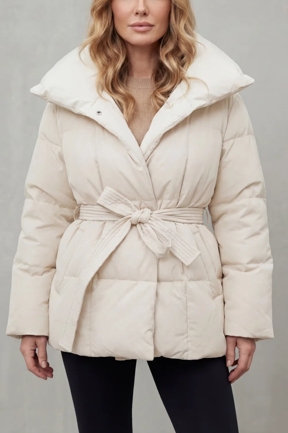 Women's Belted Puffer Jacket with Oversized Collar