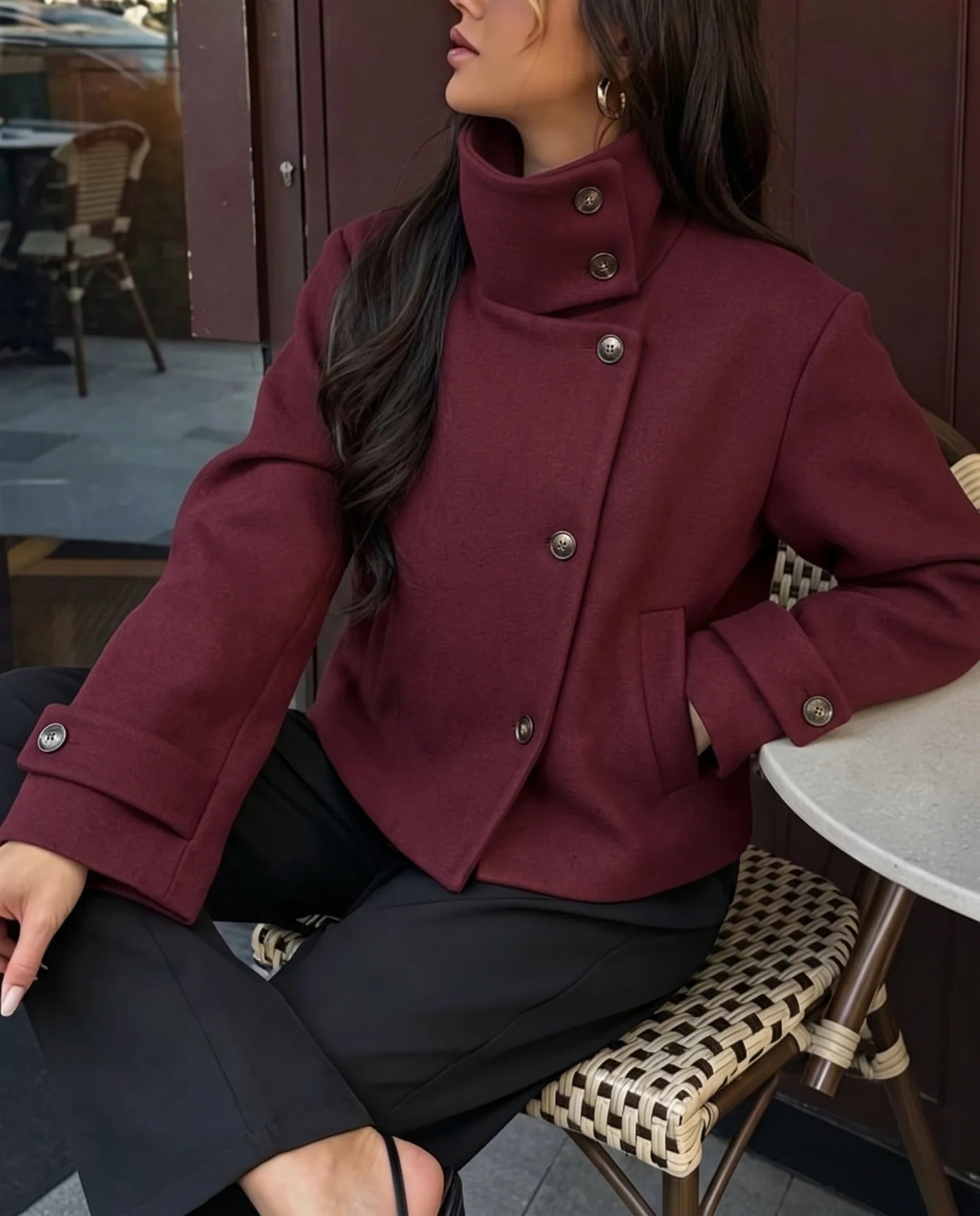 Women's Vintage Wool-Blend Coat with Stand Collar