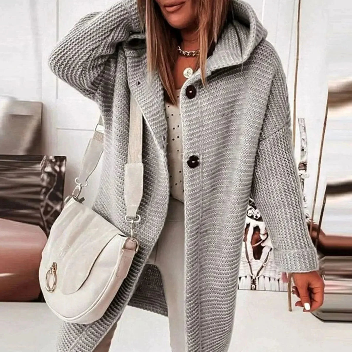 Women's Hooded Chunky Knit Long Cardigan