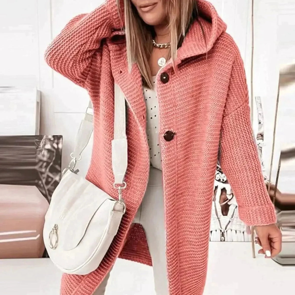 Women's Hooded Chunky Knit Long Cardigan