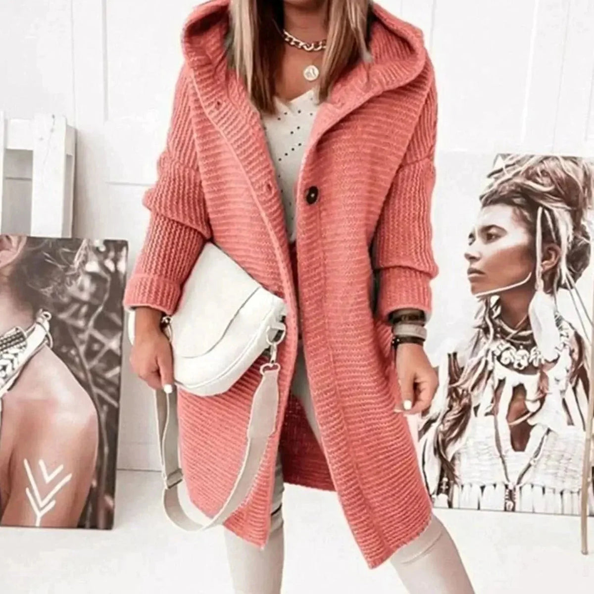 Women's Hooded Chunky Knit Long Cardigan