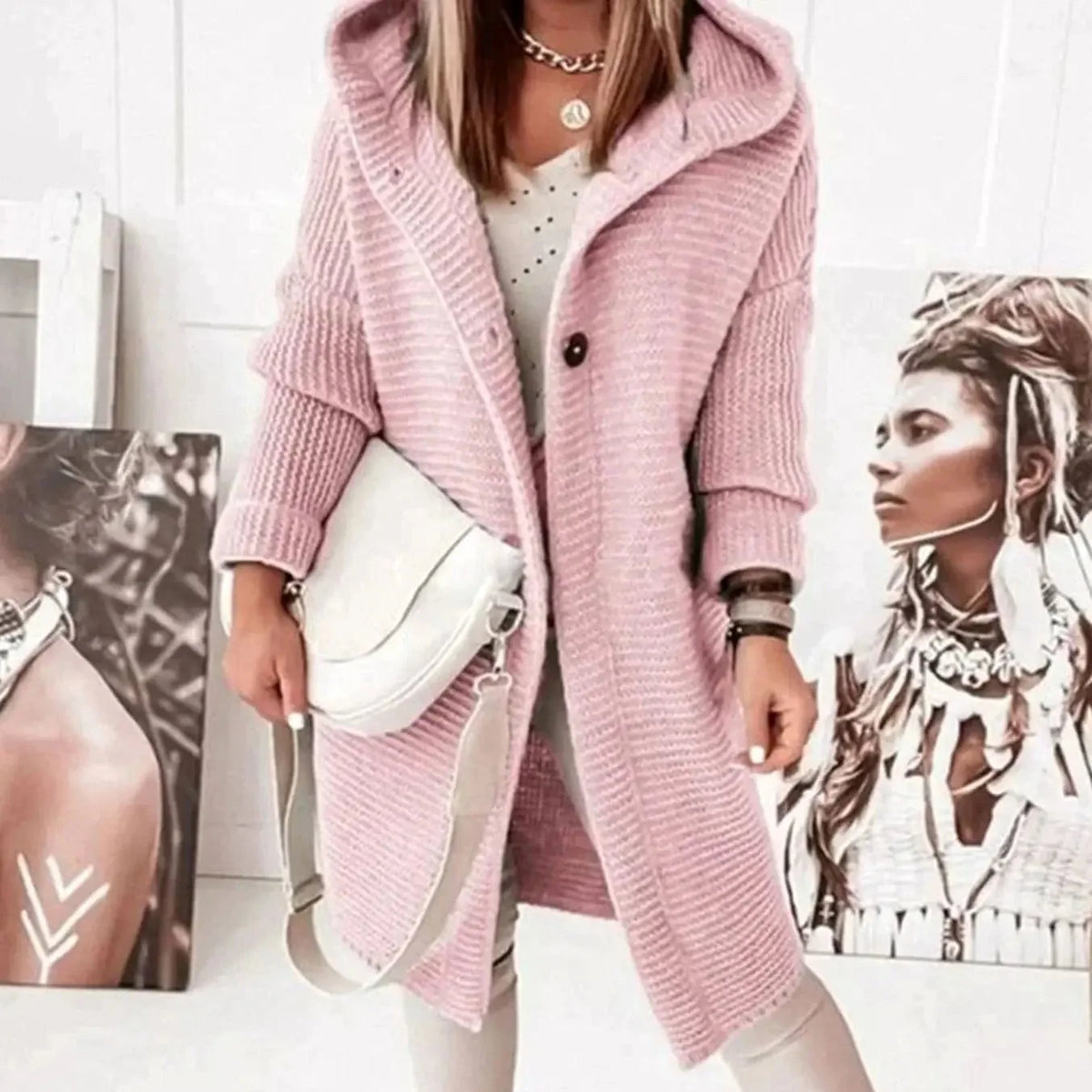 Women's Hooded Chunky Knit Long Cardigan
