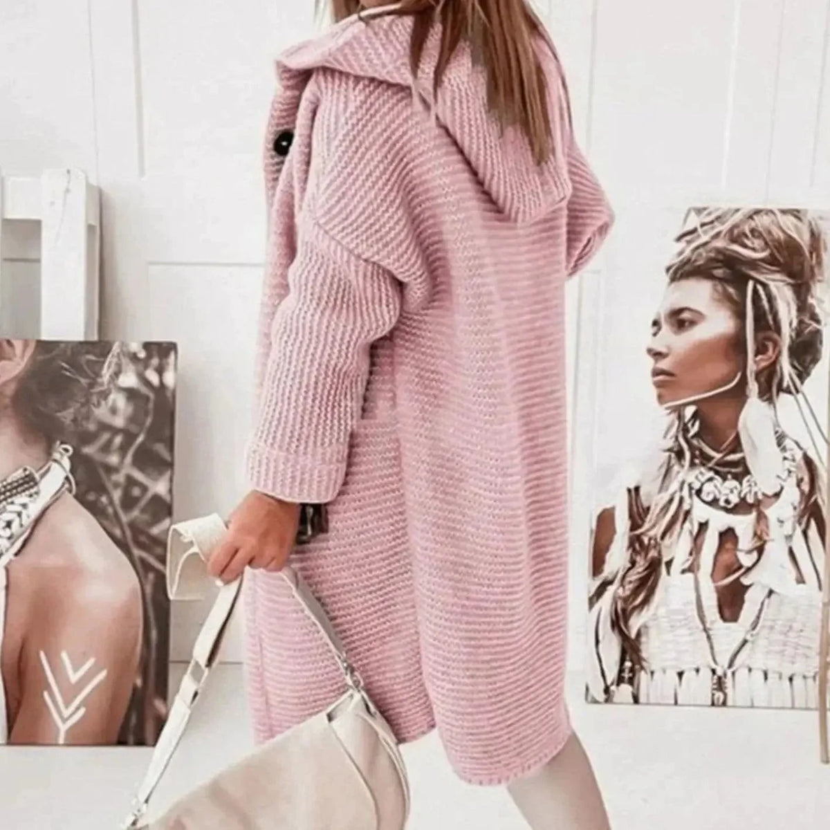 Women's Hooded Chunky Knit Long Cardigan