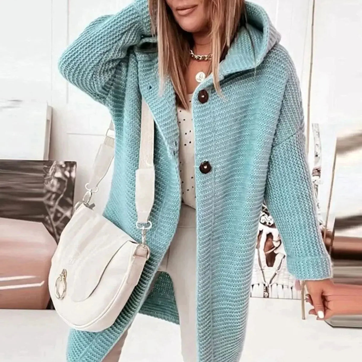 Women's Hooded Chunky Knit Long Cardigan