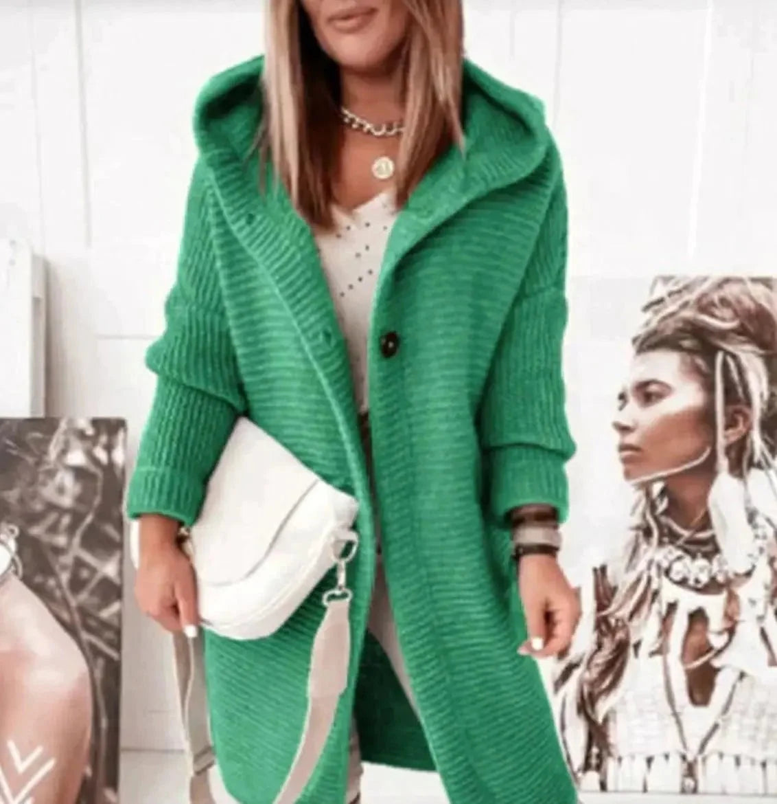 Women's Hooded Chunky Knit Long Cardigan
