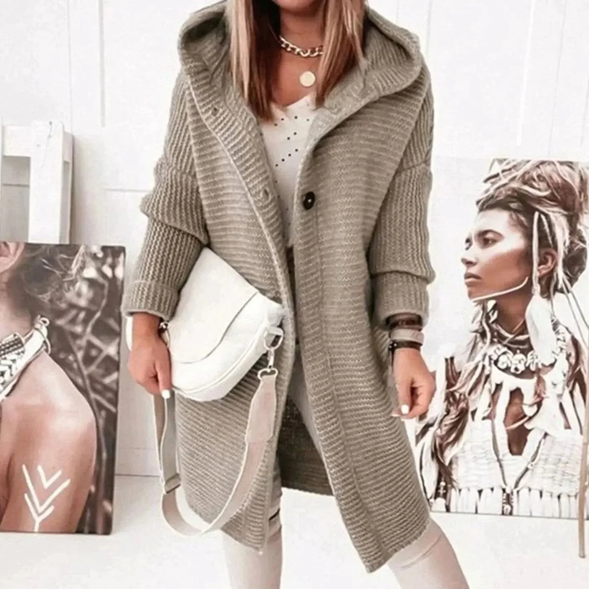 Women's Hooded Chunky Knit Long Cardigan