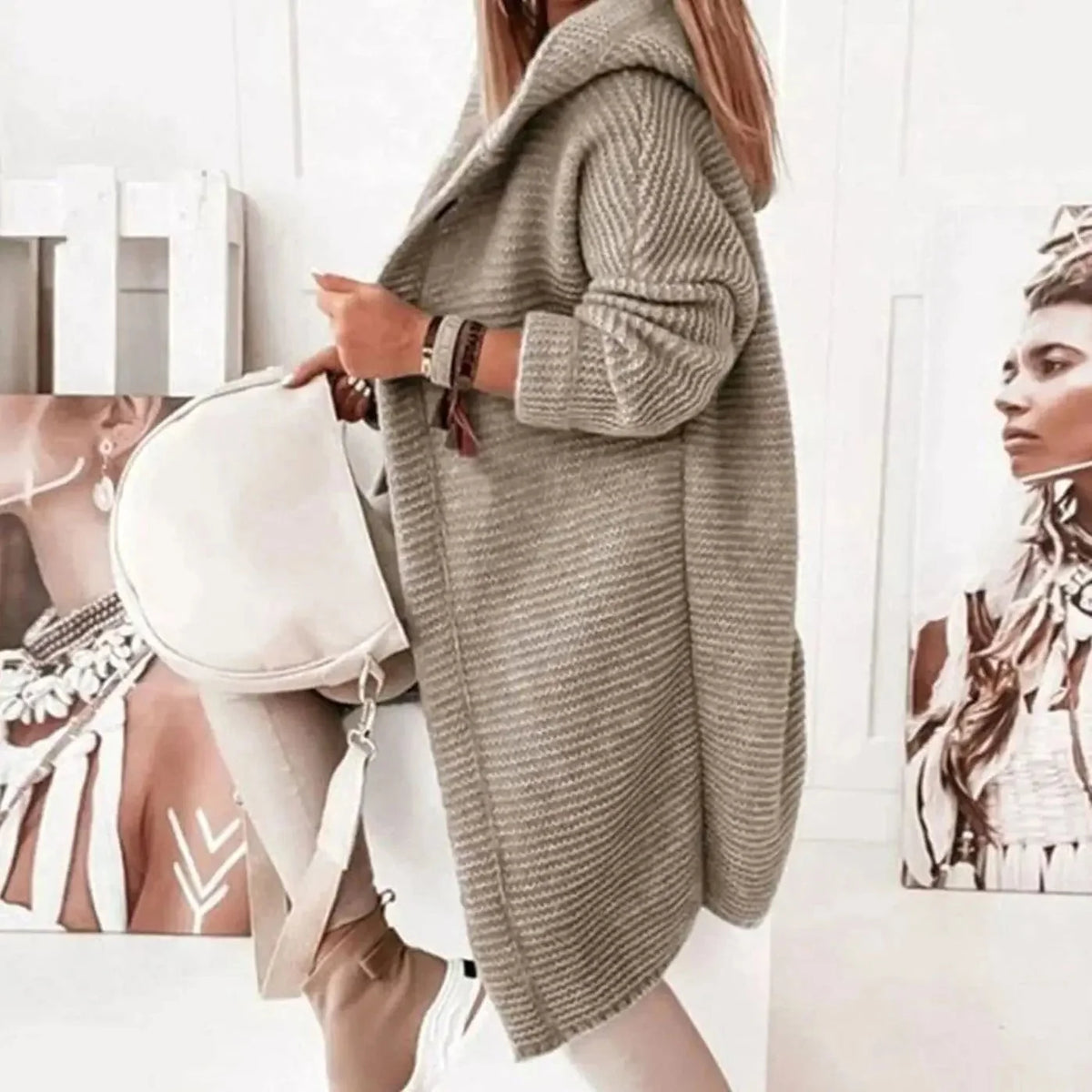 Women's Hooded Chunky Knit Long Cardigan