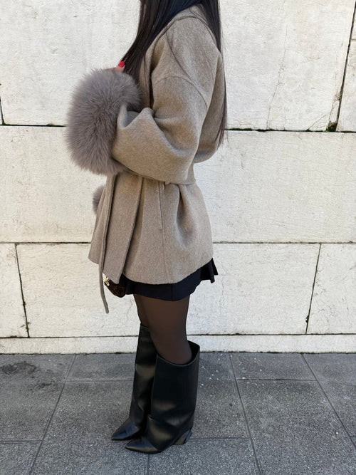 Women's Elegant Wool Blend Wrap Coat with Faux Fur Cuffs