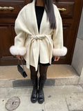 Women's Elegant Wool Blend Wrap Coat with Faux Fur Cuffs