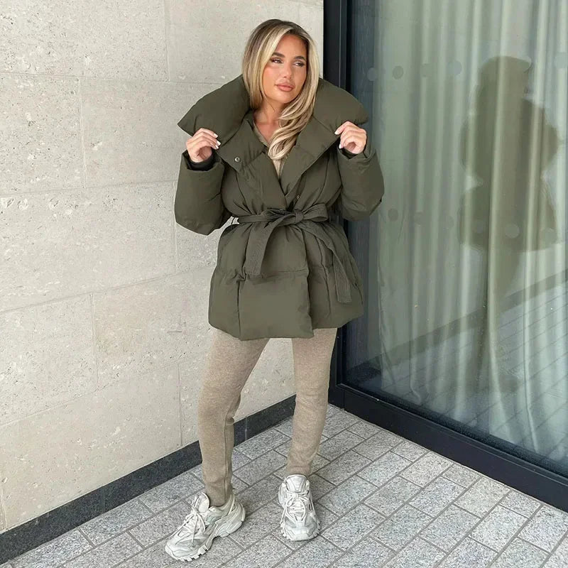 Women's Insulated Belted Puffer Jacket with High Collar