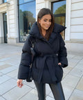 Women's Insulated Belted Puffer Jacket with High Collar
