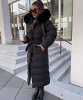 Women's Long Belted Puffer Coat with Plush Hood