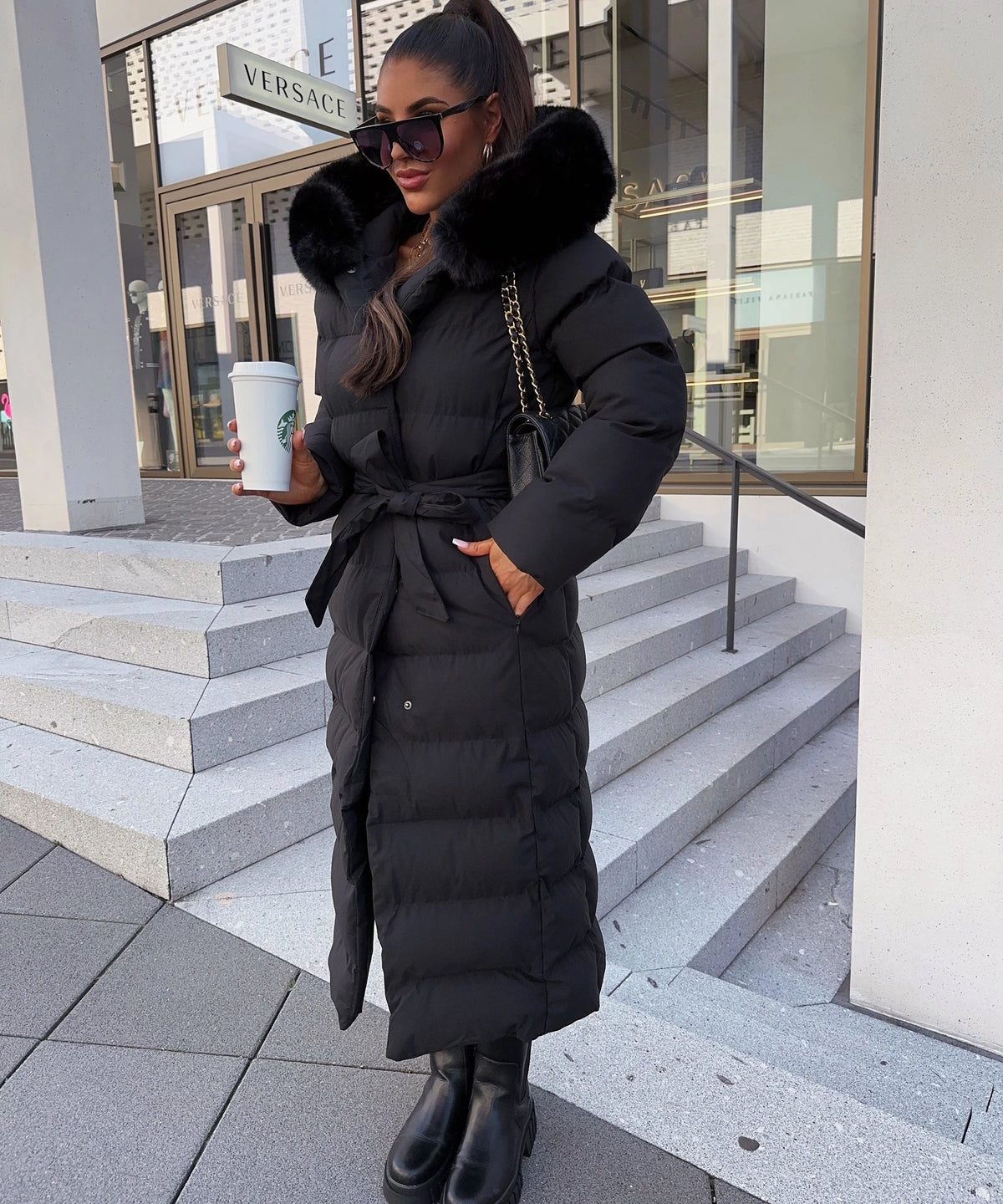 Women's Long Belted Puffer Coat with Plush Hood
