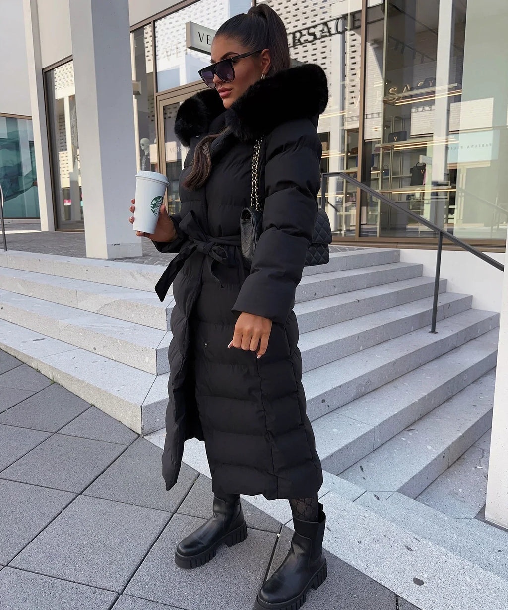 Women's Long Belted Puffer Coat with Plush Hood