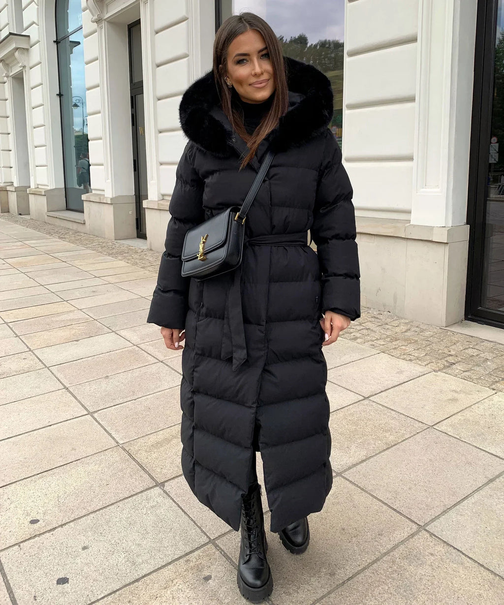 Women's Long Belted Puffer Coat with Plush Hood
