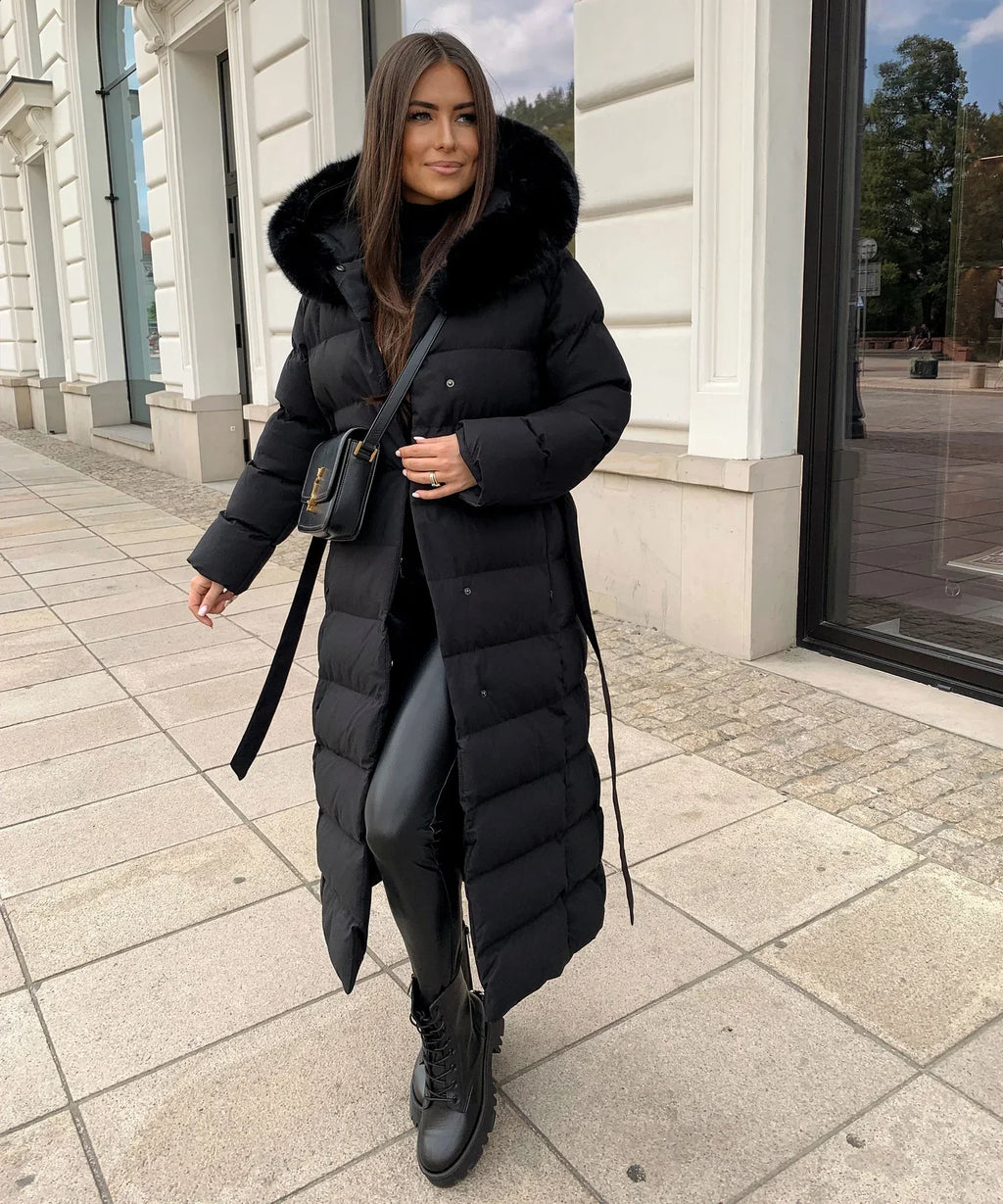 Women's Long Belted Puffer Coat with Plush Hood