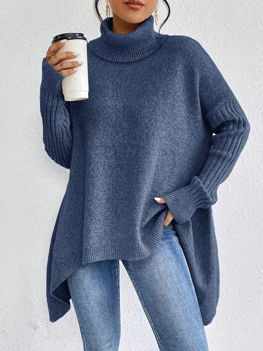 Women's Oversized Knit Turtleneck Sweater with High-Low Hem