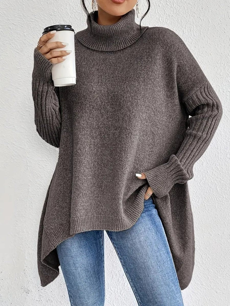 Women's Oversized Knit Turtleneck Sweater with High-Low Hem