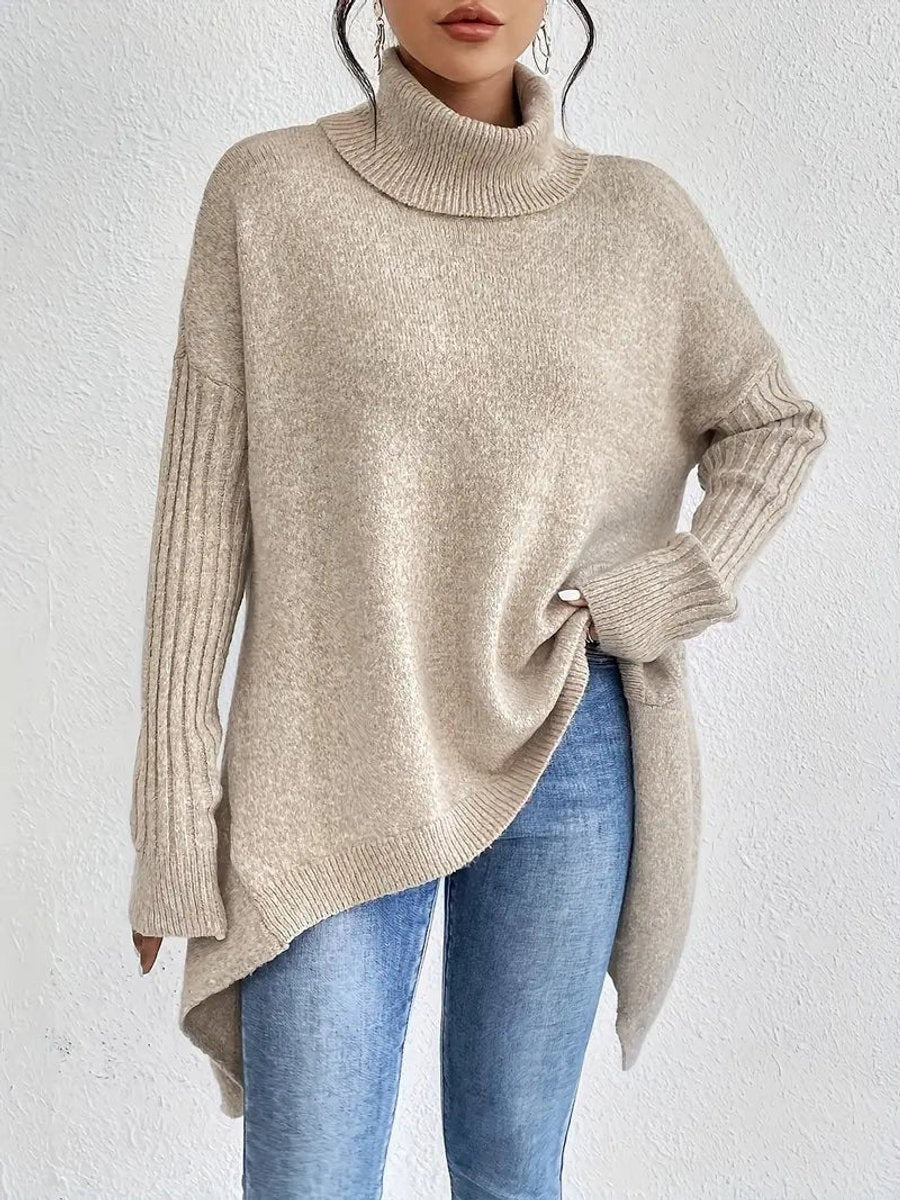 Women's Oversized Knit Turtleneck Sweater with High-Low Hem