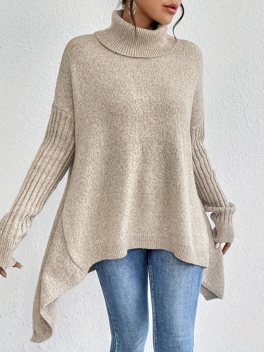 Women's Oversized Knit Turtleneck Sweater with High-Low Hem