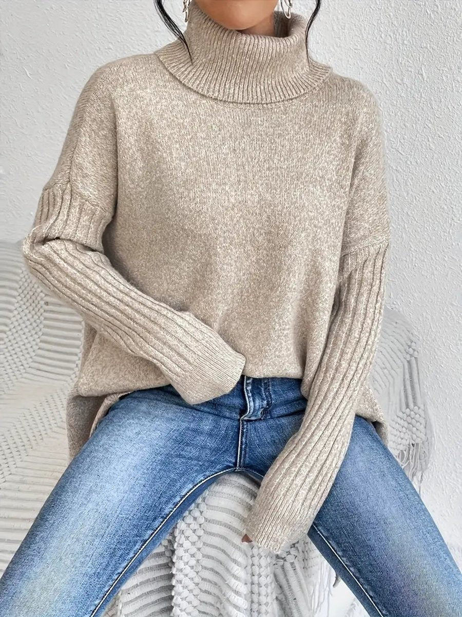 Women's Oversized Knit Turtleneck Sweater with High-Low Hem