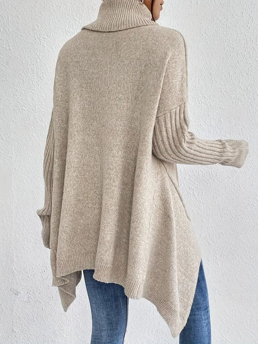 Women's Oversized Knit Turtleneck Sweater with High-Low Hem