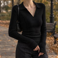 Women's Ribbed Knit Polo Collar V-Neck Sweater