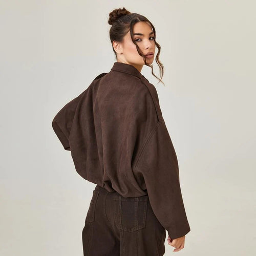 Women's Soft Suede Oversized Cropped Bomber Jacket