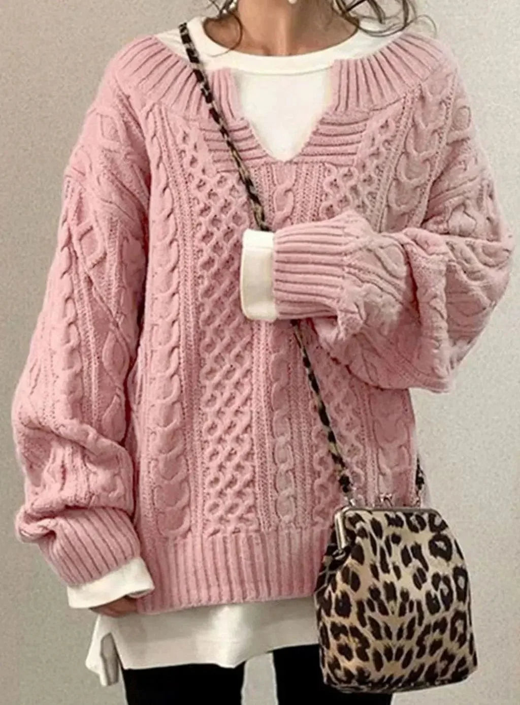 Women's Oversized Cable Knit V-Neck Sweater