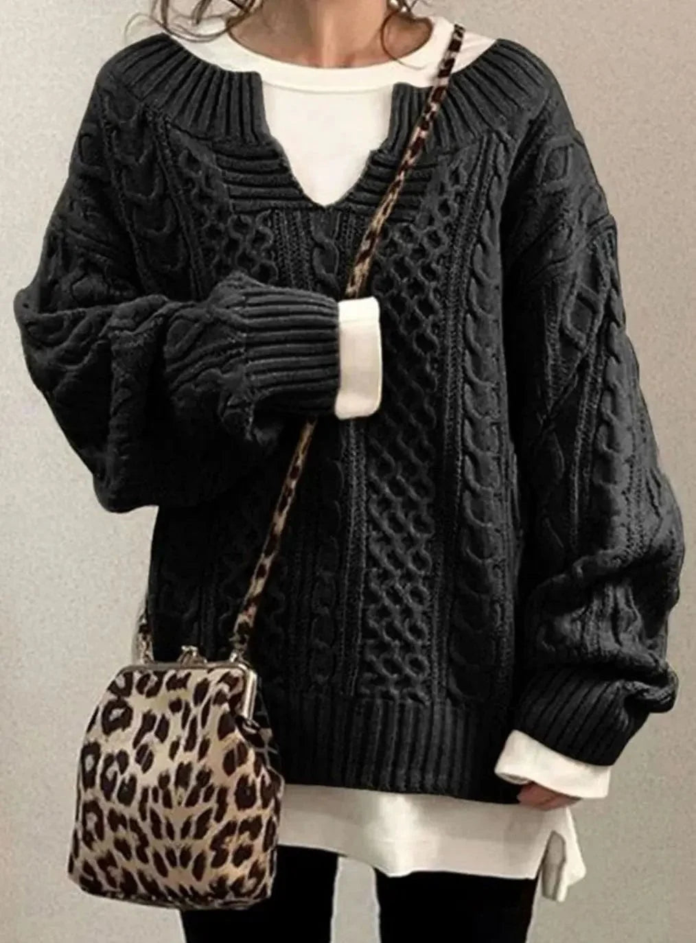 Women's Oversized Cable Knit V-Neck Sweater