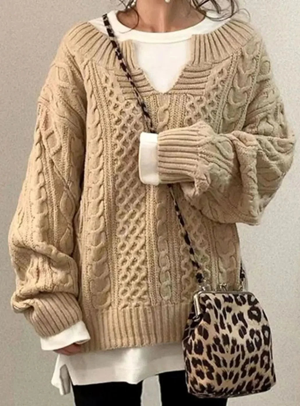 Women's Oversized Cable Knit V-Neck Sweater
